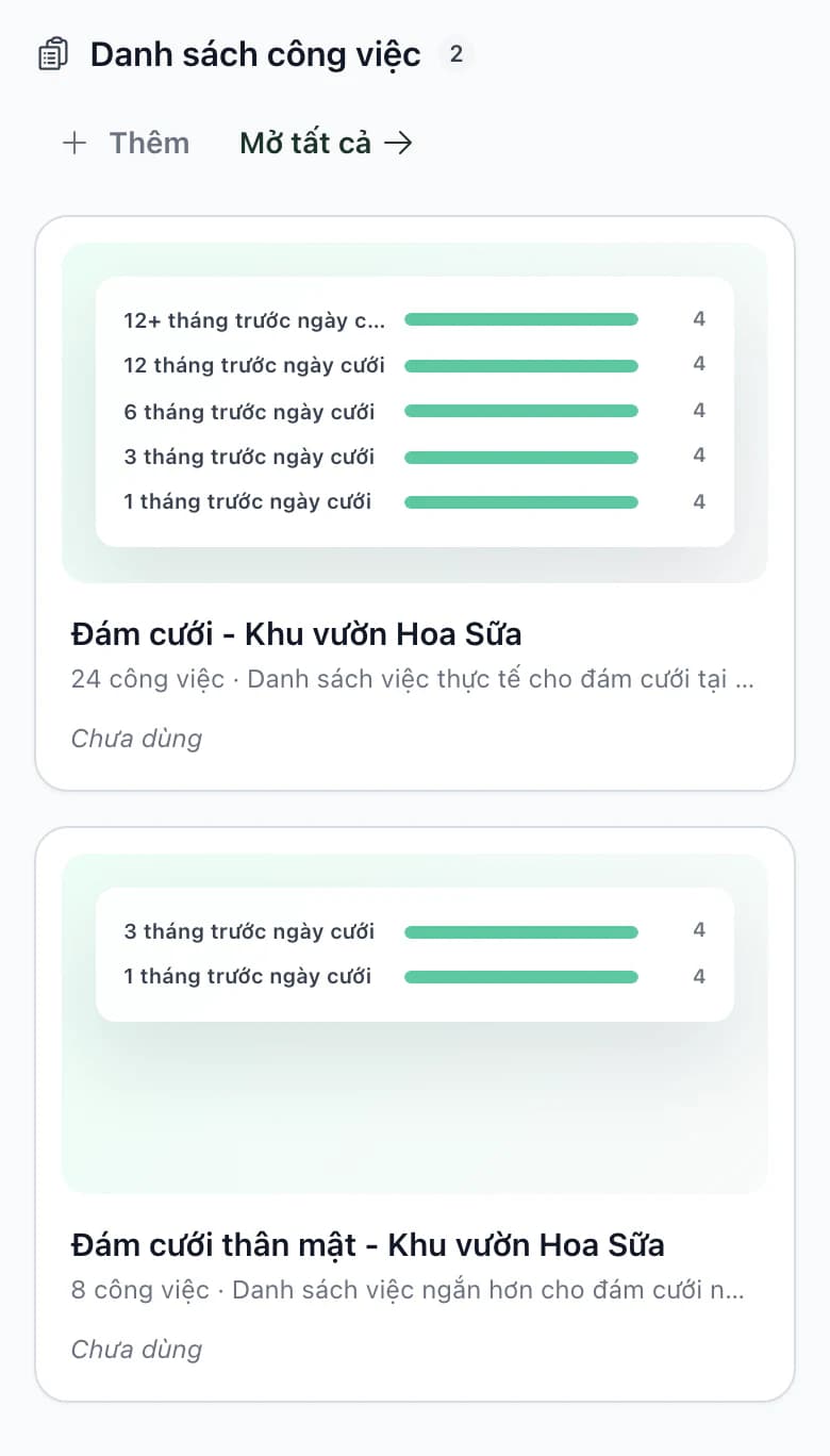 Mẫu trên điện thoại: danh sách công việc với bản xem trước theo từng tháng trước đám cưới