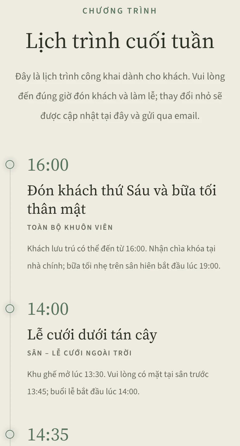 Chương trình website cưới trên điện thoại: khách đến thứ Sáu lúc 16:00, lễ dưới cây tần bì lúc 14:00