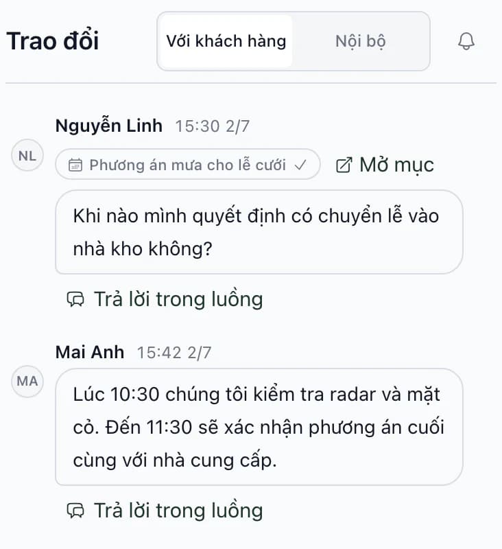 Trao đổi với khách hàng: Nguyễn Linh hỏi tại Phương án khi mưa cho lễ về lúc quyết định chuyển vào sảnh, cùng phản hồi có giờ kiểm tra