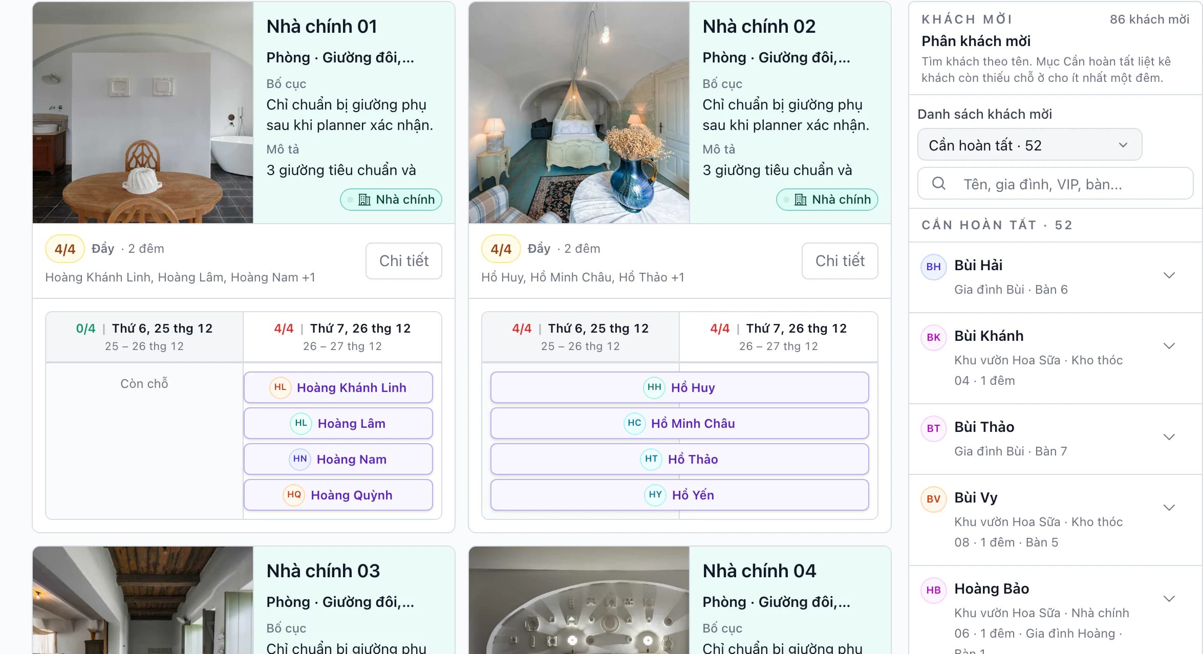 Danh sách phân phòng theo từng đêm và phân phòng cho khách kèm số bàn